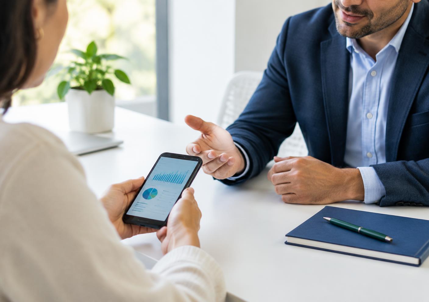 Conversa de consultoria com informações financeiras no celular